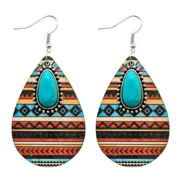 Trending Jewelry Now At Unbeatable Prices Aztec Pattern Wood and Turquoise Drop Earrings