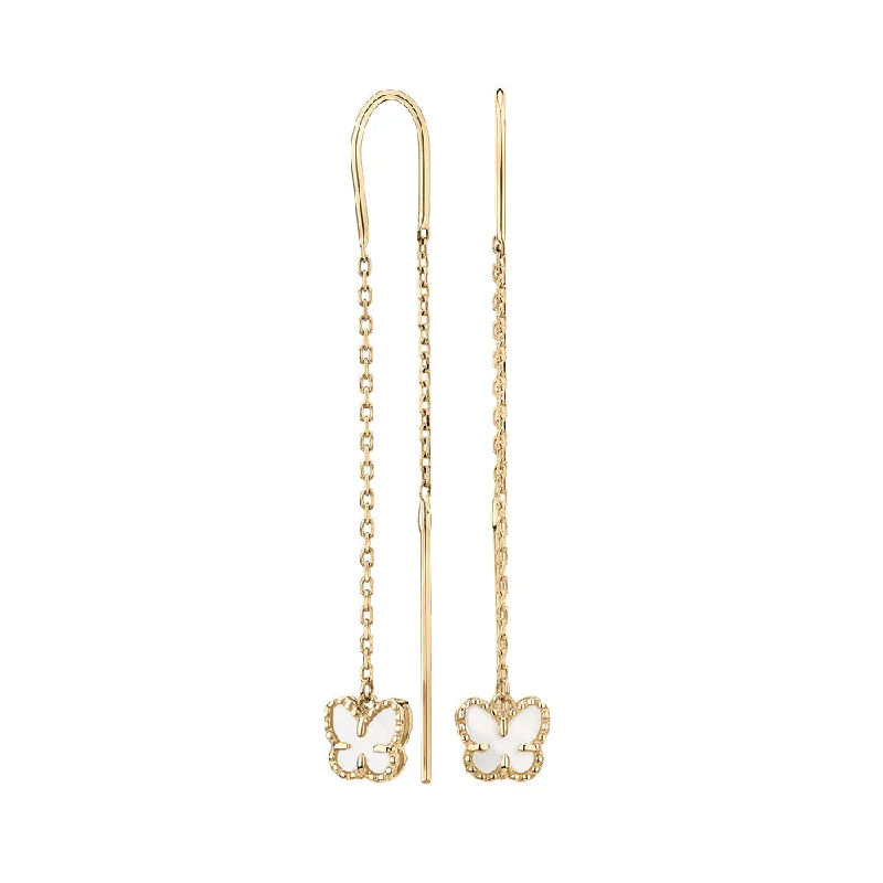 Luxury Jewelry Without The Luxury Price Tag Fancy thread earrings with mother of pearl in 10 carat yellow gold