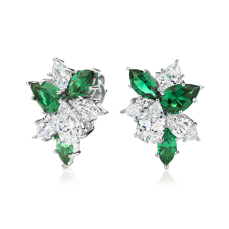 Shop Handcrafted Jewelry At Special Promotional Rates Pear and Marquise fancy earrings with emerald simulants and 3.86 carats* of diamond simulants in sterling silver