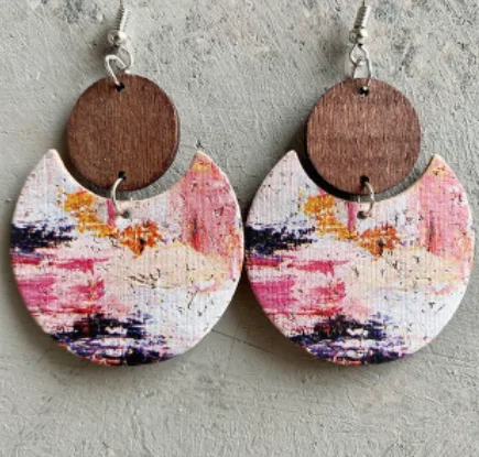 Dainty Floral Jewelry For Feminine Elegance Pretty Pink Wood and Cork Mural Earrings