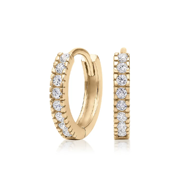 Timeless Elegance Now At Special Discounts Round Brilliant hoop earrings with diamond simulants in 10 carat yellow gold
