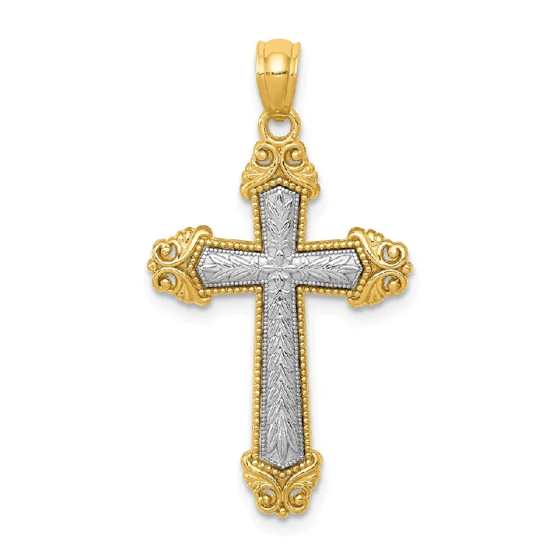 Romantic Heart-Shaped Jewelry For Special Gifts 14k Two Tone Gold Ornate Cross Pendant, 17 x 31mm