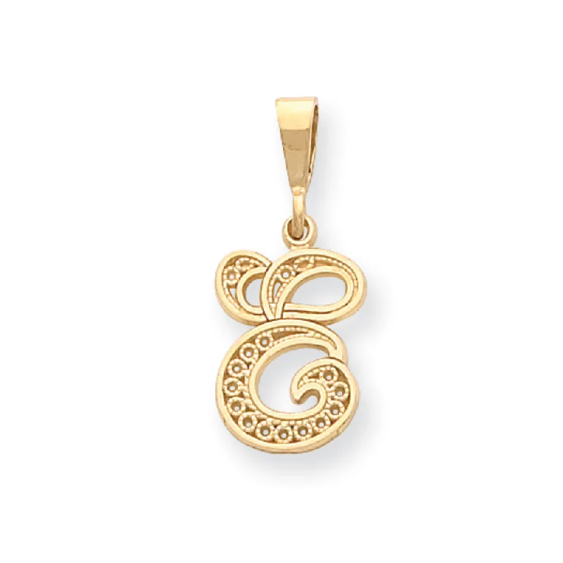 14k Yellow Gold, Maci Collection, LG Filigree Script Initial E Pendant