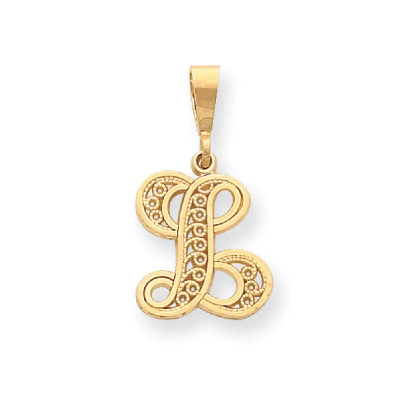 14k Yellow Gold, Maci Collection, LG Filigree Script Initial L Pendant