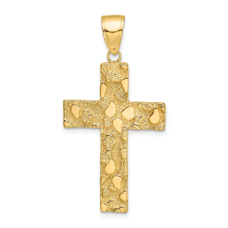 14k Yellow Gold Nugget Style Cross Pendant, 21 x 41mm