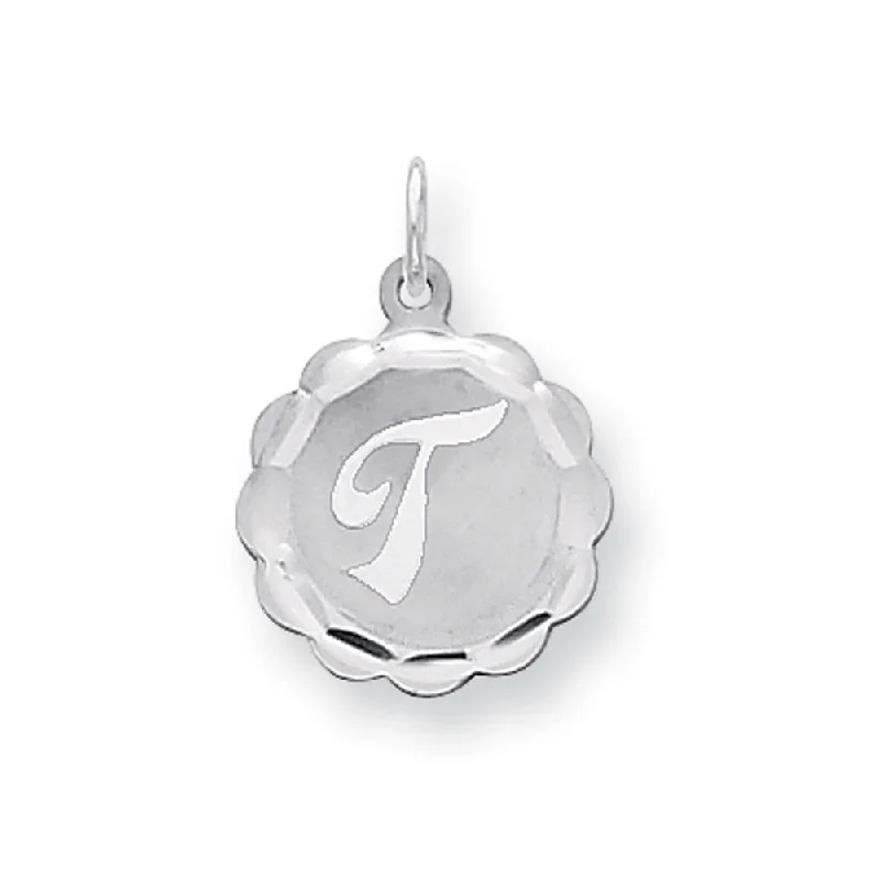 Sterling Silver, Sarah Collection 15mm Brocaded Disc Initial T Pendant