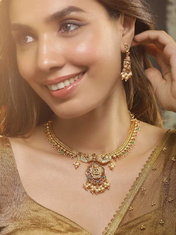 Handcrafted Jewelry Sale – Unique Designs At Low Prices 22k Gold Plated Lakshmi Motif, Ruby, Emerald & Pearl Temple Necklace Set Handcrafted Jewelry Sale – Unique Designs At Low Prices 22k Gold Plated Lakshmi Motif, Ruby, Emerald & Pearl Temple Necklace Set