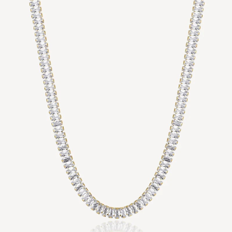 Shop Elegant Jewelry At Unbeatable Prices Baguette Cubic Zirconia Tennis Necklace in Gold Plated Stainless Steel