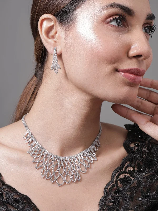 Seasonal Jewelry Deals – Elevate Your Style Rhodium Plated AD & Cubic Zirconia Studded Luxurious Leaf Motif Necklace Set Seasonal Jewelry Deals – Elevate Your Style Rhodium Plated AD & Cubic Zirconia Studded Luxurious Leaf Motif Necklace Set