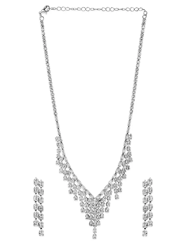 Luxury Jewelry At Unbeatable Discounts Rhodium Plated Cascading Multiple Strands AD & Cubic Zirconia Studded Necklace Set Luxury Jewelry At Unbeatable Discounts Rhodium Plated Cascading Multiple Strands AD & Cubic Zirconia Studded Necklace Set