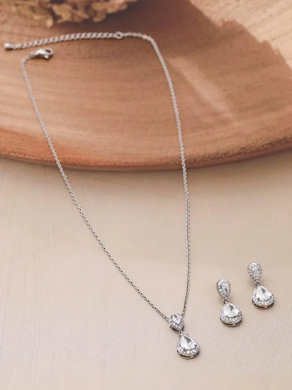 Special Offers On Handcrafted And Designer Jewelry Rhodium Plated CZ Studded Teardrop Necklace Set Special Offers On Handcrafted And Designer Jewelry Rhodium Plated CZ Studded Teardrop Necklace Set