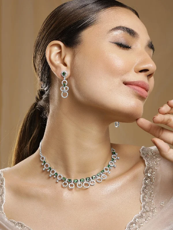 Huge Savings On Timeless Jewelry Collections Rhodium Plated Emerald & Cubic Zirconia Studded Circular Link Jewellery Set Huge Savings On Timeless Jewelry Collections Rhodium Plated Emerald & Cubic Zirconia Studded Circular Link Jewellery Set