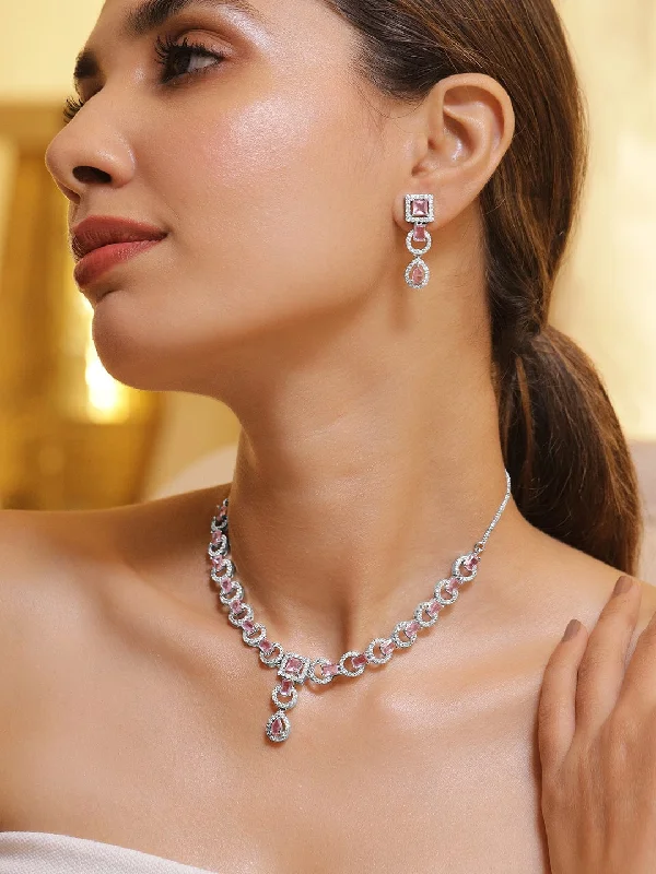 Waterproof Stainless Steel Jewelry For Lasting Beauty Rhodium-Plated Pastel Pink & Teardrop Cubic Zirconia Studded Premium Jewellery Set Waterproof Stainless Steel Jewelry For Lasting Beauty Rhodium-Plated Pastel Pink & Teardrop Cubic Zirconia Studded Premium Jewellery Set