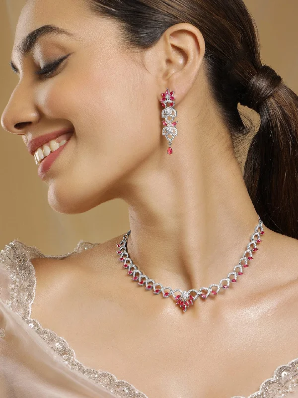 Exclusive Jewelry Sale – Limited-Time Discounts Rhodium Plated Ruby & Cubic Zirconia Studded Floral Link Jewellery Set Exclusive Jewelry Sale – Limited-Time Discounts Rhodium Plated Ruby & Cubic Zirconia Studded Floral Link Jewellery Set