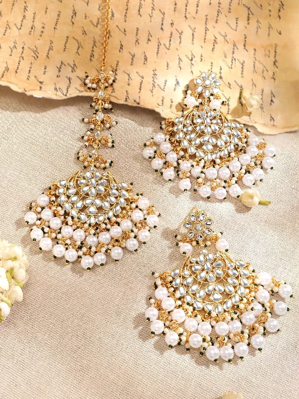 Timeless Jewelry Styles At Wallet-Friendly Prices Rubans 22K Gold plated Kundan with pearl beaded Chandbali Statement Earrings and maang tika set Timeless Jewelry Styles At Wallet-Friendly Prices Rubans 22K Gold plated Kundan with pearl beaded Chandbali Statement Earrings and maang tika set