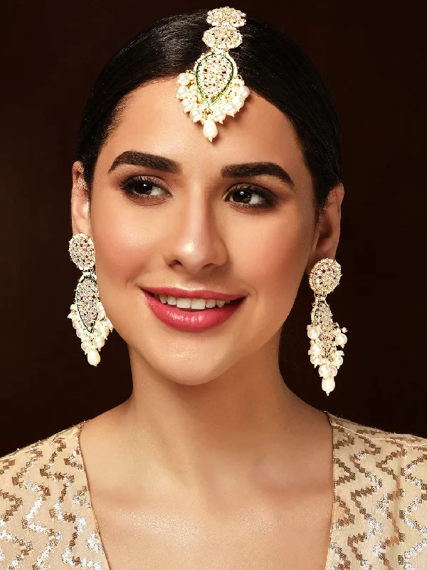 Buy More, Save More On Stunning Jewelry Pieces Rubans Kundan And Green Enameled Maangtikka and Earrings Set Buy More, Save More On Stunning Jewelry Pieces Rubans Kundan And Green Enameled Maangtikka and Earrings Set