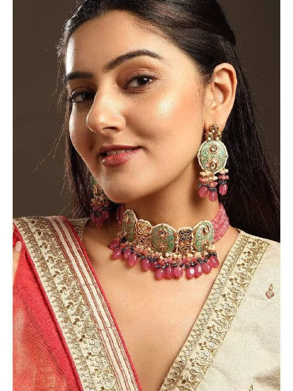 High-Quality Jewelry At A Fraction Of The Cost Rubans Luxury 24K Gold-Plated & Green Enamel And Kundan Stone Beaded Handcrafted Jewellery Set High-Quality Jewelry At A Fraction Of The Cost Rubans Luxury 24K Gold-Plated & Green Enamel And Kundan Stone Beaded Handcrafted Jewellery Set
