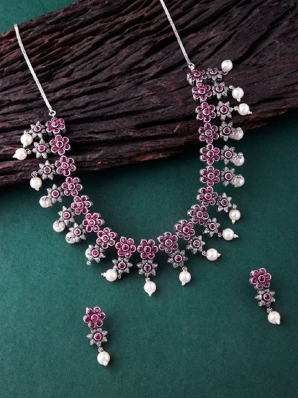 Fine Jewelry, Limited-Time Offers Available Rubans Oxidised Silver Plated Embellished With Faux Ruby Floral Necklace Set Fine Jewelry, Limited-Time Offers Available Rubans Oxidised Silver Plated Embellished With Faux Ruby Floral Necklace Set