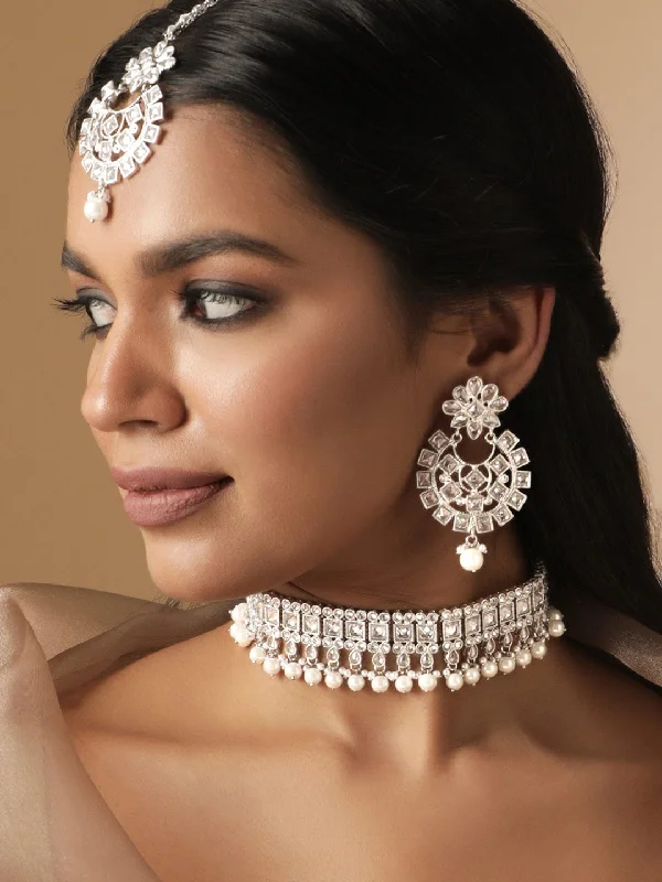 Shop Signature Jewelry Styles At Exclusive Prices Rubans Rhodium Plated Reverse AD & Pearl beaded Choker Set Shop Signature Jewelry Styles At Exclusive Prices Rubans Rhodium Plated Reverse AD & Pearl beaded Choker Set