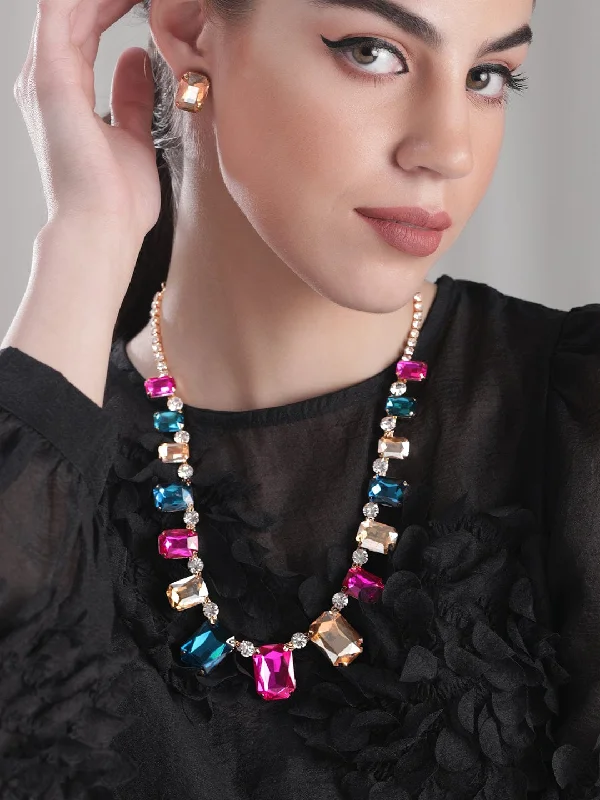 Flash Sale On Elegant Jewelry – Don't Miss Out Rubans Voguish Gold plated Pink & Blue Zirconia Statement Necklace Set Flash Sale On Elegant Jewelry – Don't Miss Out Rubans Voguish Gold plated Pink & Blue Zirconia Statement Necklace Set